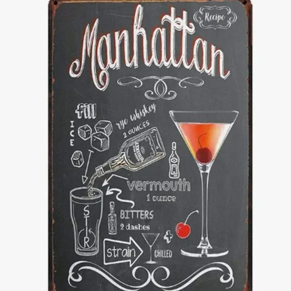 1pc 12"X18" Cocktail Recipes, Vintage Tin Sign - MANHATTAN - Picture 1 of 1